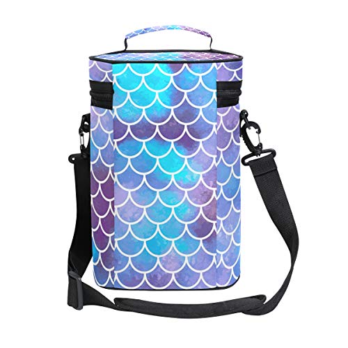 Malpleda - Bolsa para 2 botellas de vino, diseño de escamas de sirena, color azul y morado, con acolchado externo grueso, fácil de transportar para viajes, picnics