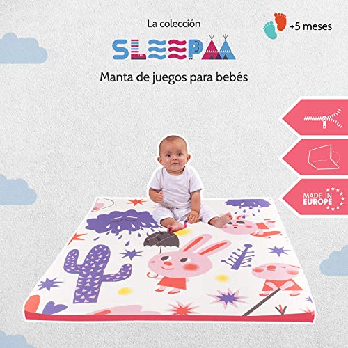 Manta de juegos para bebes suelo acolchada plegable enrollable gimnasio actividades alfombra 130x90 cm Fabricada en España (Pink Rabbit)