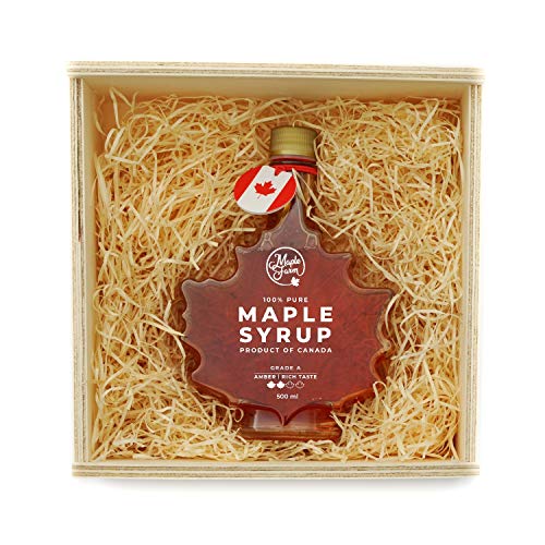 MapleFarm - Jarabe de arce puro - AMBER - Rich taste - 500ml (661g) - Botella tradicional de hoja de arce en caja de madera hecha a mano - Pancake syrup