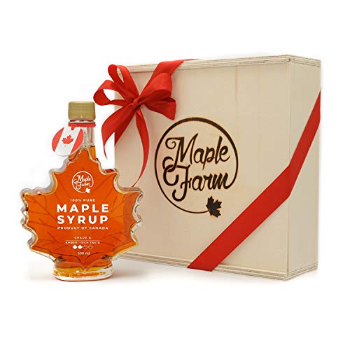 MapleFarm - Jarabe de arce puro - AMBER - Rich taste - 500ml (661g) - Botella tradicional de hoja de arce en caja de madera hecha a mano - Pancake syrup