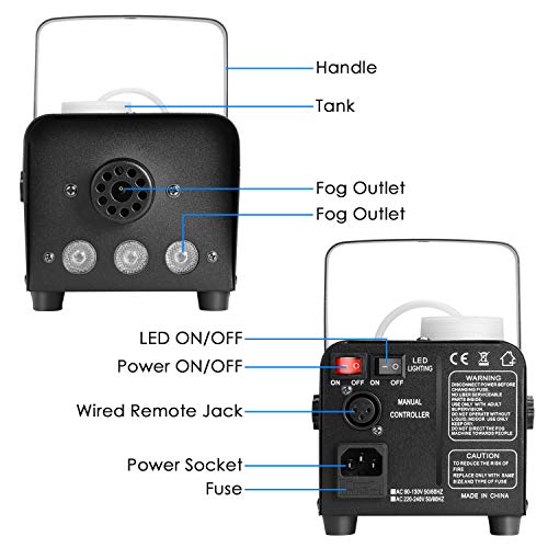 Máquina de humo AGPtEK con 13 luces LED de colores y efecto RGB, 500 W y 2000 CFM con 2 mandos a distancia con cable y mando a distancia, perfecta para bodas, Halloween y espectáculos de escenarios