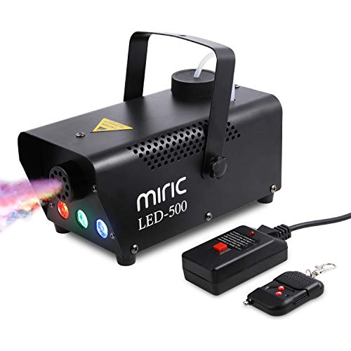 Máquina de Humo, Miric 500W Máquina de Niebla con Cable Remoto y Control Remoto Inalámbrico, Máquina de Humo con 3 Luces de Colores para Halloween, Navidad, Bodas, Fiestas y Festivales, Negro