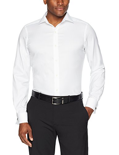 Marca Amazon – BUTTONED DOWN – Camisa de vestir con puño francés de corte ligeramente entallado con cuello abierto de algodón Supima para hombre que no necesita planchado, Blanco, 15" Cuello 33" Manga