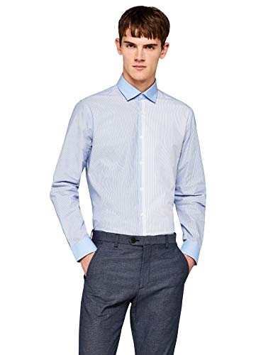 Marca Amazon - find. Camisa de Diferentes Rayas para Hombre, Azul (Blue), XL, Label: XL