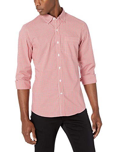 Marca Amazon - Goodthreads - Camisa cómoda de popelín elástico con manga larga, corte entallado, y de cuidado fácil, para hombre, Rojo Check, US M Tall (EU M)