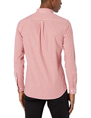 Marca Amazon - Goodthreads - Camisa cómoda de popelín elástico con manga larga, corte entallado, y de cuidado fácil, para hombre, Rojo Check, US M Tall (EU M)