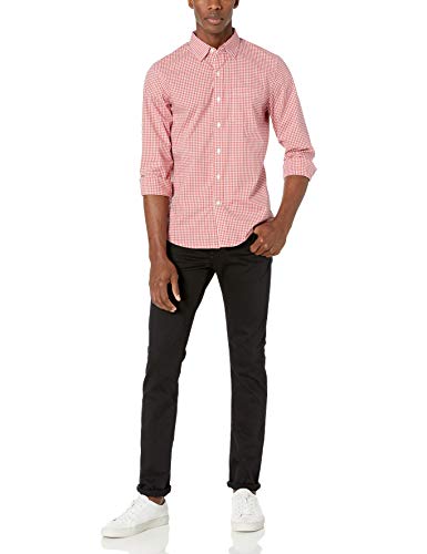 Marca Amazon - Goodthreads - Camisa cómoda de popelín elástico con manga larga, corte entallado, y de cuidado fácil, para hombre, Rojo Check, US M Tall (EU M)