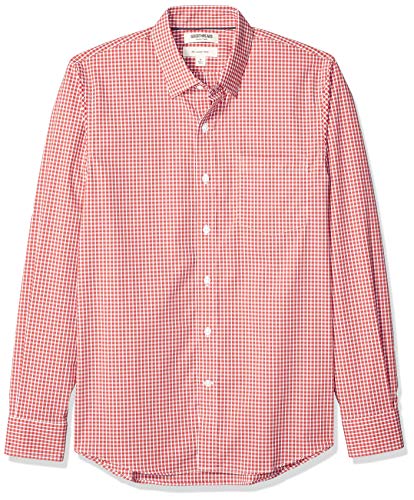 Marca Amazon - Goodthreads - Camisa cómoda de popelín elástico con manga larga, corte entallado, y de cuidado fácil, para hombre, Rojo Check, US M Tall (EU M)