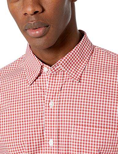 Marca Amazon - Goodthreads - Camisa cómoda de popelín elástico con manga larga, corte entallado, y de cuidado fácil, para hombre, Rojo Check, US M Tall (EU M)