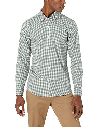 Marca Amazon - Goodthreads - Camisa cómoda de popelín elástico con manga larga, corte entallado, y de cuidado fácil, para hombre, Verde (Green Check), US L (EU L)