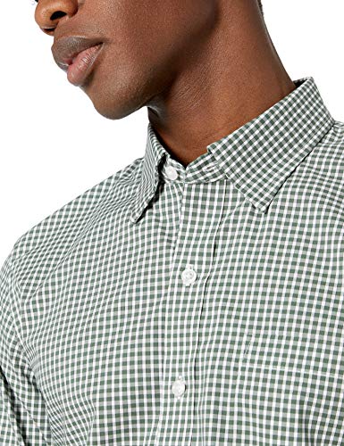 Marca Amazon - Goodthreads - Camisa cómoda de popelín elástico con manga larga, corte entallado, y de cuidado fácil, para hombre, Verde (Green Check), US L (EU L)