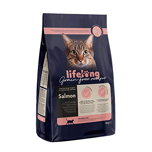 Marca Amazon Lifelong Alimento seco para gatos adultos con salmón fresco, receta sin cereales - 3kg