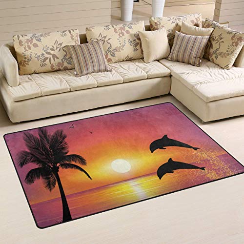 Marlon Kitty Palm Tree Sunset Dolphin Sea Ocean Alfombra Alfombra de Piso Alfombra Lavable Decoración Sala de Estar Alfombra de Comedor 60 x 39 in