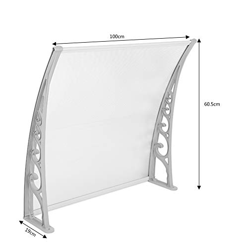 Marquesina para Puertas Ventanas Toldo Refugio de Nieve, Porche Delantero, Sombra Exterior, Techo, hecho en Cubierta de Policarbonato (60,5x100cm, Gris-Blanco)