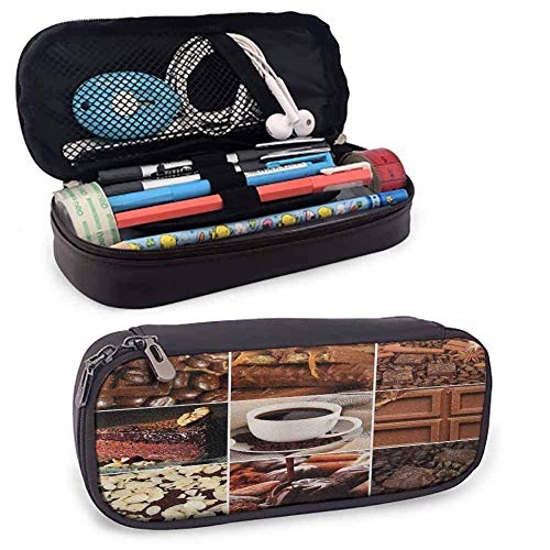 Marrón Estuche para lápices Café y chocolate Sabroso collage Frijoles Tazas Aperitivos Pasteles Espresso Composición de cacao Estuche portátil para lápices Marrón