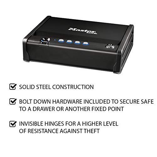 MASTER LOCK Caja Fuerte Compacta Biométrica [Apertura con Huella Dactilar y Combinación] MLD08EB - Ideal para objetos de valor, dispositivos electrónicos, pequeños, arma corta