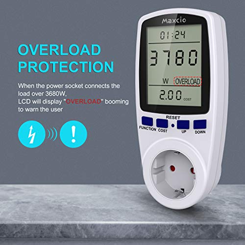 Maxcio Medidor de Consumo de Energía, Monitor de electricidad con Pantalla LCD Grande, 7 Modos Medidor de Consumo Elctrico con Protección contar Sobracarga 3680W (2 Pack)