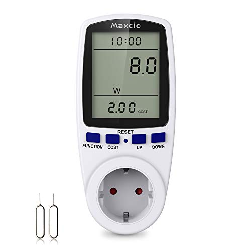 Maxcio Medidor de Consumo de Energía, Monitor de electricidad Recargable con Pantalla LCD Grande, 7 Modos Medidor de Consumo Electrico con Protección contra Sobrecarga, Costos de Electricidad