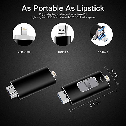 maxineer 256GB Memoria USB Pendrive para iPhone Android iPad iPod Computadoras Laptops 3 en 1 Flash Drive USB 3.0 (Negro)