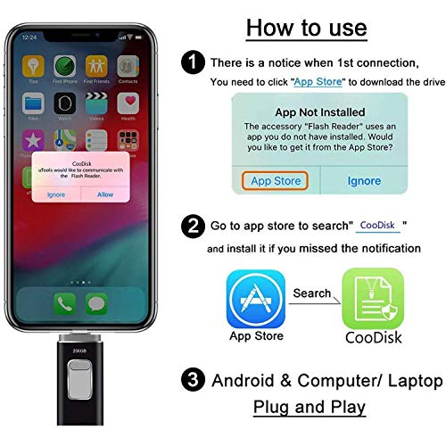 maxineer 256GB Memoria USB Pendrive para iPhone Android iPad iPod Computadoras Laptops 3 en 1 Flash Drive USB 3.0 (Negro)