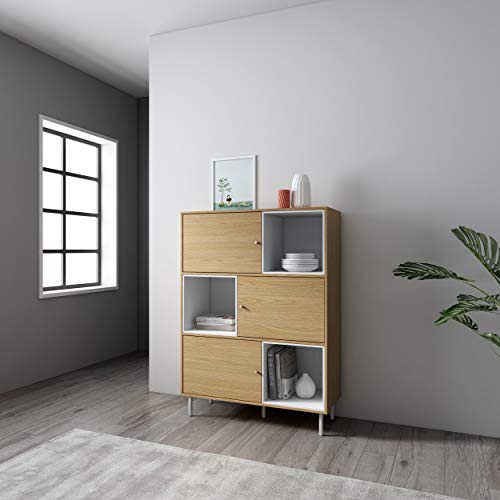 Mc Haus KUMA - Estanteria Madera Natural y Blanco, Librería de pared Salón Comedor Dormitorio de diseño Nórdico con 3 estantes para almacenaje y 3 puertas 100x40x135cm