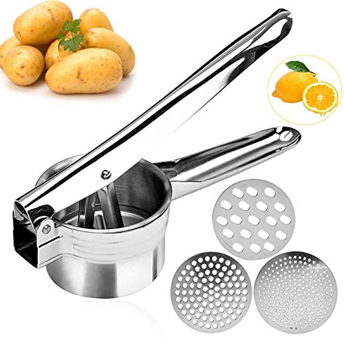 McNory Prensa Patatas de Acero Inoxidable,Machacador de Patatas-Potato Ricer and Mashercon 3 Discos Intercambiables para Puré de Papas,Mermelada,Verduras y Frutas