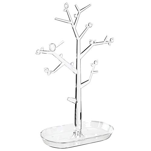 mDesign Árbol Organizador de Joyas para Colgar Collares, Pendientes, Anillos y más – Joyeros Originales con Ganchos y Estante – Colgador de Collares de pie en plástico – Transparente