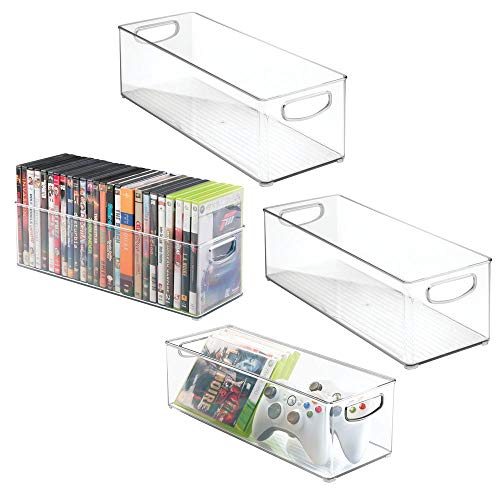 mDesign bandejas de plastico para CDs – Estanteria para CDs, DVD o videojuegos – Pack de 4 Porta CDs transparente con asas