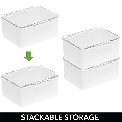 mDesign Caja con tapa para la cocina, la despensa o el despacho – Cajones de plástico sin BPA apilables – Cajas de ordenación compactas para artículos del hogar – blanco/transparente