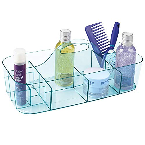 mDesign Cesta de baño con asa – Para usar como organizador de cosméticos, caja organizadora para cocina o toallero – Cesta para ducha pequeña en plástico resistente – azul mar