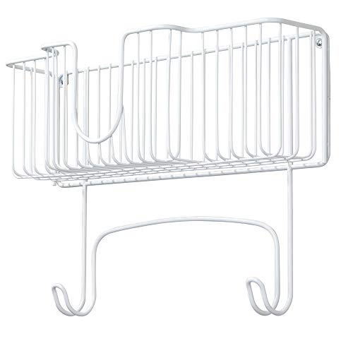 mDesign Colgador de pared para tabla de planchar – Estante de pared para planchador con cesta para plancha y demás – Compacto soporte para plancha en acero inoxidable para lavadero – blanco