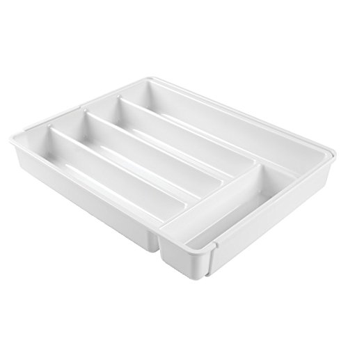 mDesign Cubertero antideslizante expandible con 6 divisiones – Organizador de cubiertos extensible para ordenar utensilios – Bandeja para cubiertos y para organizar cajones de cocina – Color: blanco