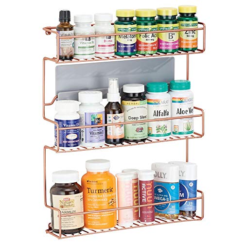 mDesign Estantería metálica – Especieros de cocina autoadhesivos con 3 niveles para montaje en pared – Ideal como organizador de especias para la cocina y la despensa – color cobre