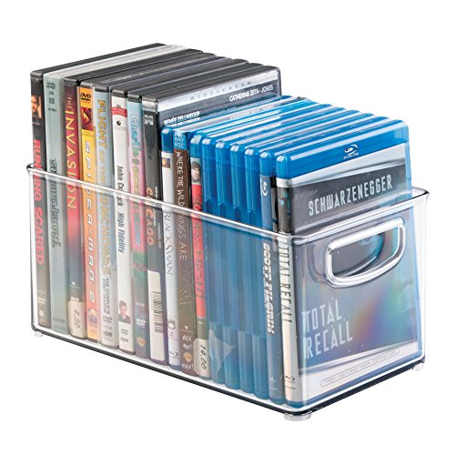 mDesign Juego de 2 cajas organizadoras para DVD, CD y videojuegos – Práctica caja para DVD con asa, fácil de transportar – Caja de plástico porta DVD para películas o juegos de consola – transparente