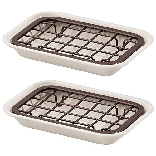 mDesign Juego de 2 jaboneras para baño para el lavabo o el fregadero – Estante para jabón, esponjas o estropajos con rejilla de drenaje – Compacto jabonero de ducha en metal – crema y bronce