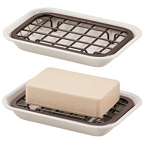 mDesign Juego de 2 jaboneras para baño para el lavabo o el fregadero – Estante para jabón, esponjas o estropajos con rejilla de drenaje – Compacto jabonero de ducha en metal – crema y bronce