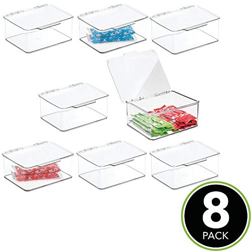 mDesign Juego de 8 Cajas de plástico con Tapa – Caja de almacenaje para Estante de Cocina y despensa – Organizador de Nevera apilable para té, café y Aperitivos – Transparente