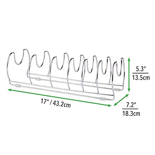 mDesign Organizador de sartenes y tapaderas – Soporte de metal cromado con 6 compartimentos para sartenes y tapas de ollas – Organizador de cajones y armarios de cocina