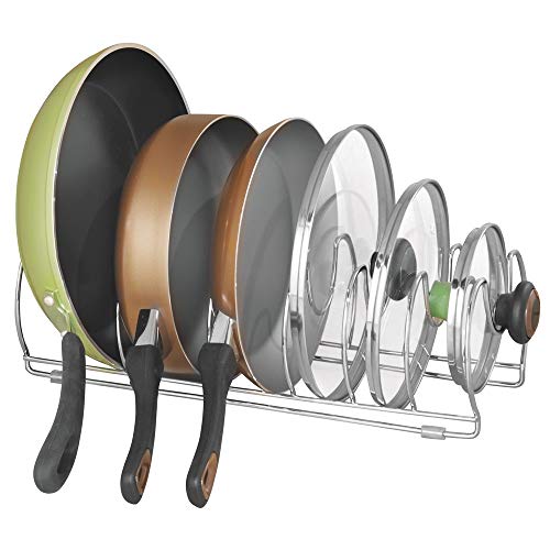 mDesign Organizador de sartenes y tapaderas – Soporte de metal cromado con 6 compartimentos para sartenes y tapas de ollas – Organizador de cajones y armarios de cocina