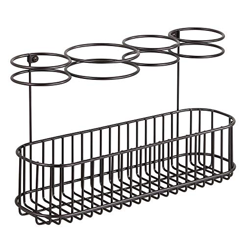 mDesign Soporte de pared para secador de pelo – Práctico estante de baño con 4 divisiones para utensilios de peluquería y 1 cesta – Organizador de baño para secador, plancha o rizador – color bronce