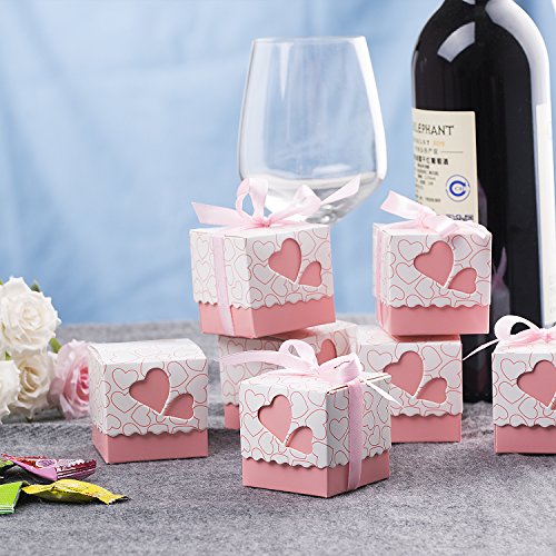 Meersee Cajas de Boda Regalo 100 Cajas de Bautizo Caramelo Cumpleaños Dulces Bombones Regalos Detalles con Cintas para Invitados de Boda Fiesta Comunion, Bautizo Cumpleaños (Rosado)