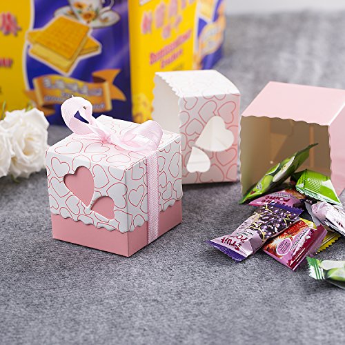 Meersee Cajas de Boda Regalo 100 Cajas de Bautizo Caramelo Cumpleaños Dulces Bombones Regalos Detalles con Cintas para Invitados de Boda Fiesta Comunion, Bautizo Cumpleaños (Rosado)