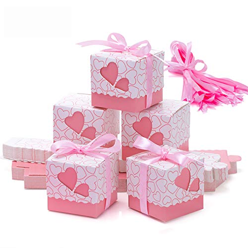 Meersee Cajas de Boda Regalo 100 Cajas de Bautizo Caramelo Cumpleaños Dulces Bombones Regalos Detalles con Cintas para Invitados de Boda Fiesta Comunion, Bautizo Cumpleaños (Rosado)