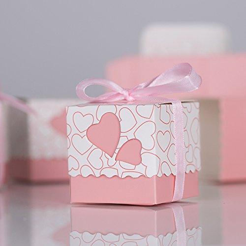 Meersee Cajas de Boda Regalo 100 Cajas de Bautizo Caramelo Cumpleaños Dulces Bombones Regalos Detalles con Cintas para Invitados de Boda Fiesta Comunion, Bautizo Cumpleaños (Rosado)