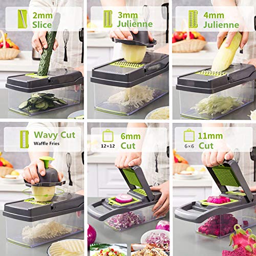 Meiyijia Multiusos Cortador de Verduras 13 en 1 Mandolina de Cocina, 7 Cuchillas afiladas de Acero Inoxidable Intercambiables, Separador de Claras de Huevo para Cortar Frutas Verduras,Gris