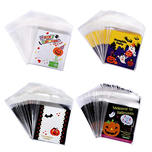 MengH-SHOP Bolsas de Dulces de Halloween Bolsas de Galletas de Celofán Bolsas de Caramelo Autoadhesivas para la Fiesta de Halloween Artesanías Hechas en Casa (4 Estilos) 400 Piezas