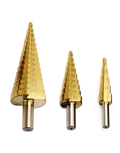 Mengshen Titanio Broca Escalonada 3 piezas 4-12mm / 4-20mm / 4-32mm HSS Manija Triangular Taladro de la Pagoda Para Acero al Carbono, Chapa de Hierro, Tableros de Aislamiento, Tableros de PVC y Madera