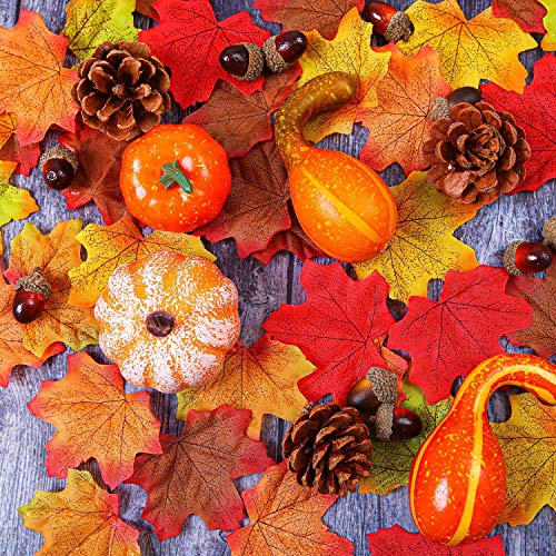 MerryNine 50 calabazas artificiales falsas con hojas de arce realistas, bellota realista con tapa, piñas, adorno para Halloween, Acción de Gracias, otoño cosecha decoración del hogar