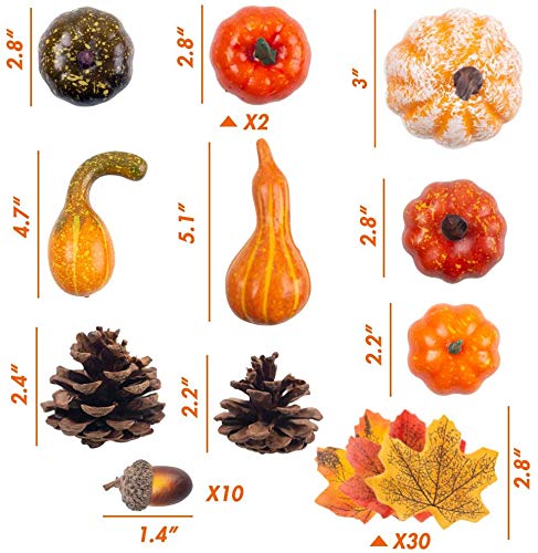 MerryNine 50 calabazas artificiales falsas con hojas de arce realistas, bellota realista con tapa, piñas, adorno para Halloween, Acción de Gracias, otoño cosecha decoración del hogar