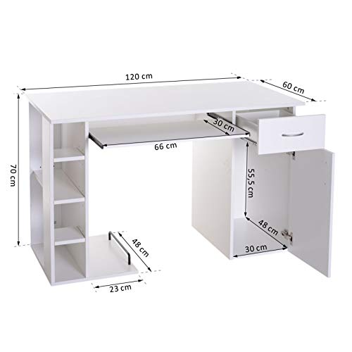 Mesa de PC Mesa de Ordenador Escritorio de Oficina Mesa con Estantes para Hogar Escuela y Oficina Mobiliario 120x60x74cm Blanco